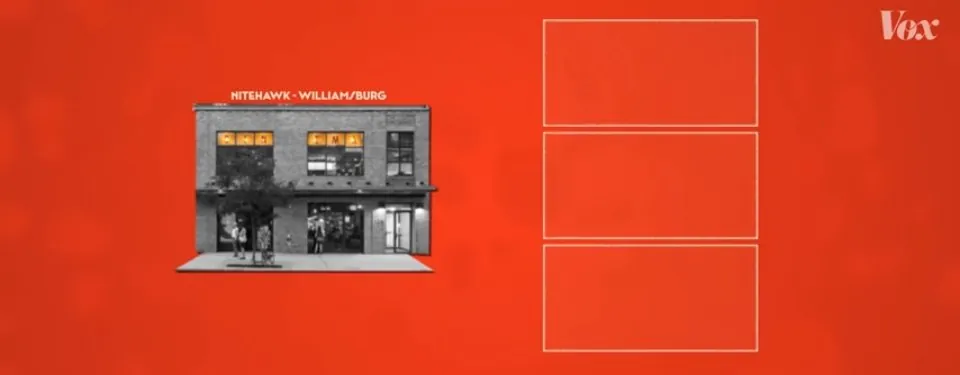 Un gráfico plano sobre un campo de color: una ficha de edificio y tres cajas vacías que se van llenando