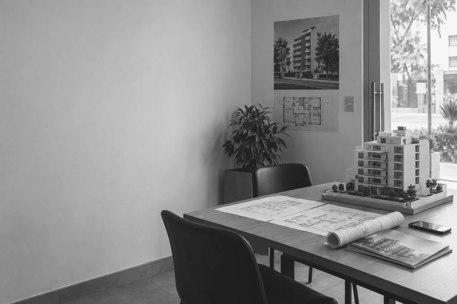 Caseta de venta inmobiliaria con una maqueta