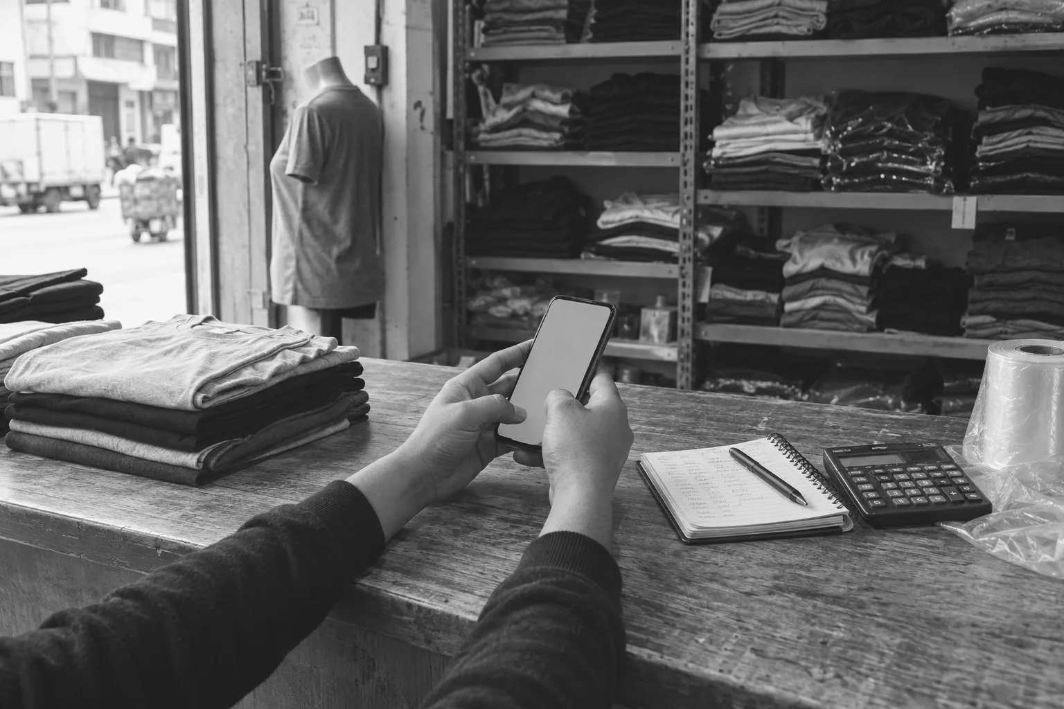 Manos con un celular sobre el mostrador de una tienda de ropa, con la receta de la marca