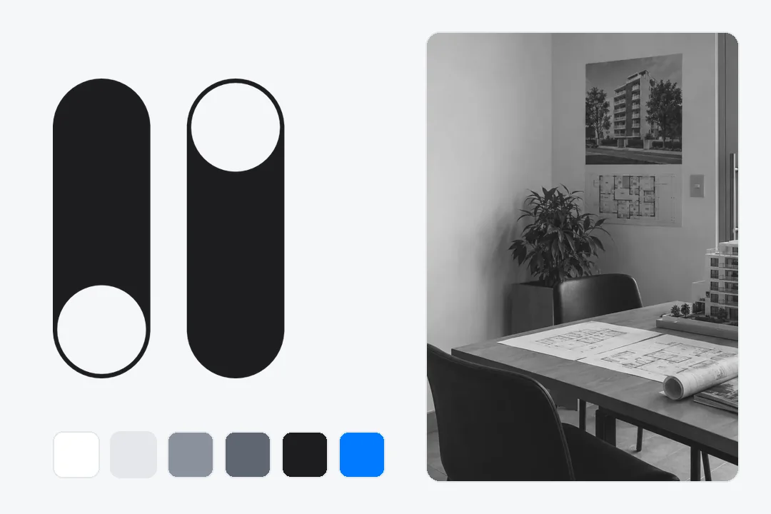 El símbolo de los dos interruptores, una foto en blanco y negro y la paleta de seis colores