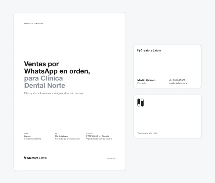 La portada de una propuesta en A4 y una tarjeta de presentación por delante y por detrás