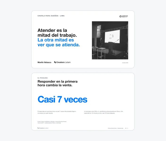 Dos láminas de un deck: una portada de charla y una lámina con una cifra