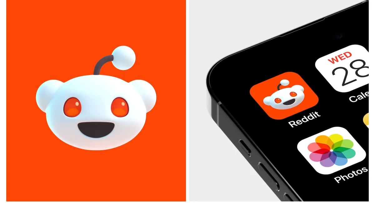 El personaje 3D de Reddit, blanco y brillante, sobre un plano naranja y en el ícono de la aplicación