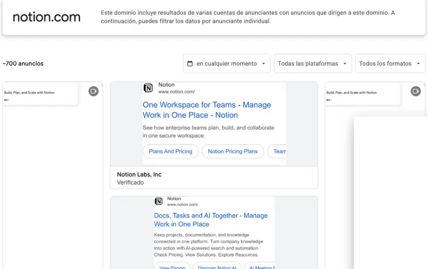 Notion: Anuncios · Centro de transparencia de Google