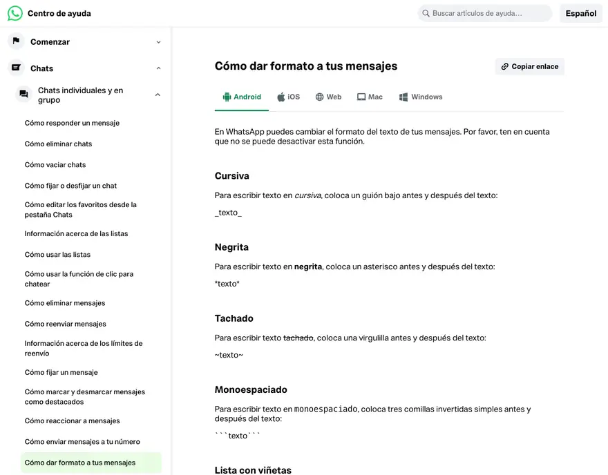 WhatsApp: Centro de ayuda · dar formato a los mensajes