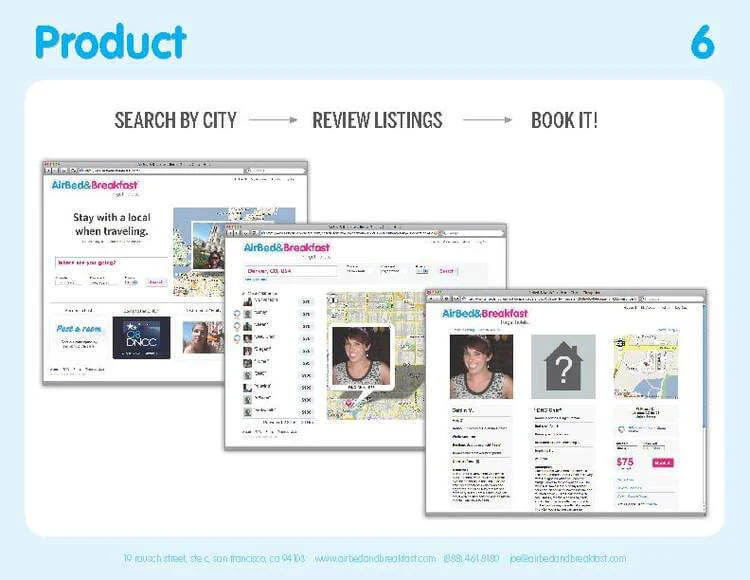 Airbnb (deck de 2009), según Slidebean: Airbnb 2009 · el producto en tres pasos