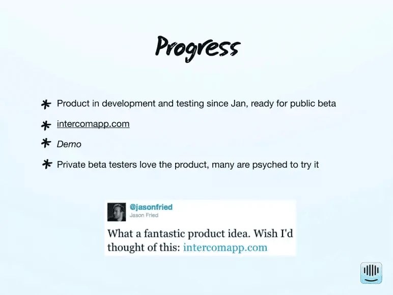 Intercom (primer deck, 2011), según Upmetrics: Intercom 2011 · avance con una cita