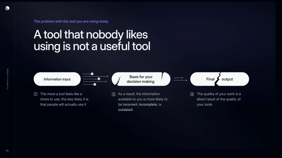 Linear (deck de ventas 2023), según Deckly: Linear · «A tool that nobody likes using is not a useful tool»