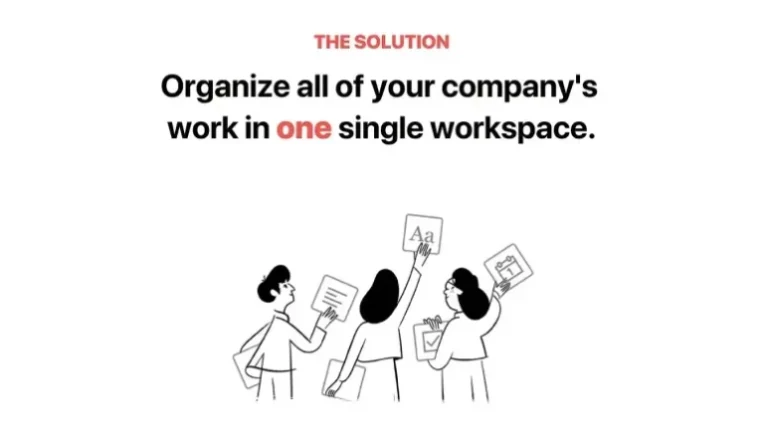 Notion (deck de inversión), según Upmetrics: Notion · «Organize all of your company's work in one single workspace»