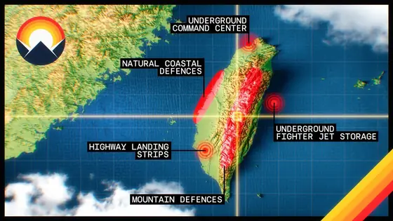 Wendover Productions: Mapa de Taiwán con defensas rotuladas