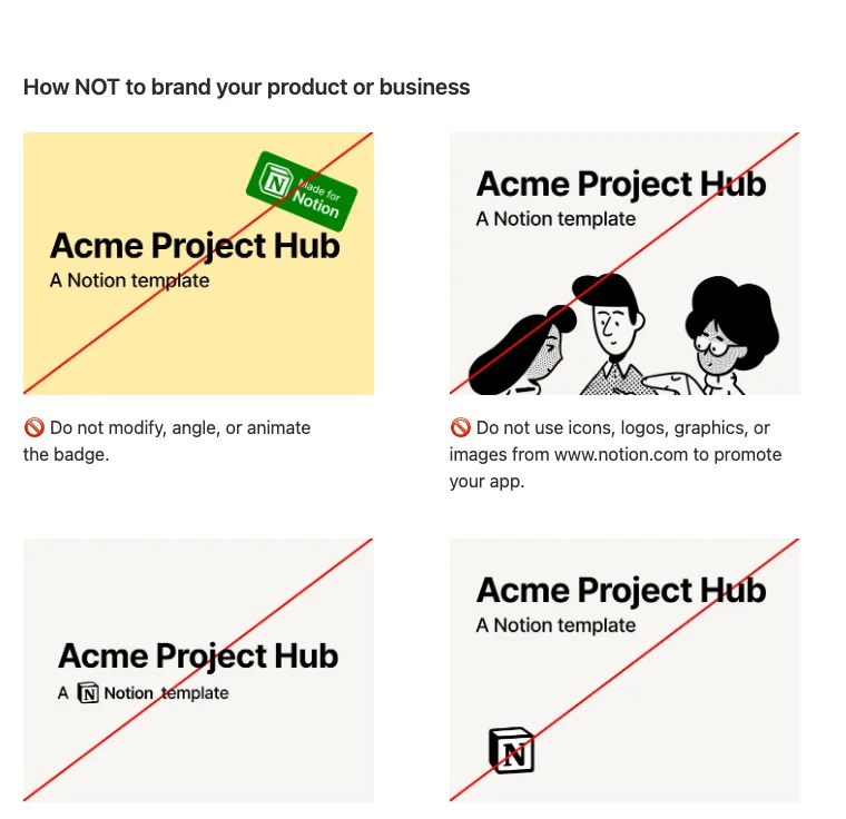 Notion: Cómo NO usar la marca: cuatro piezas tachadas