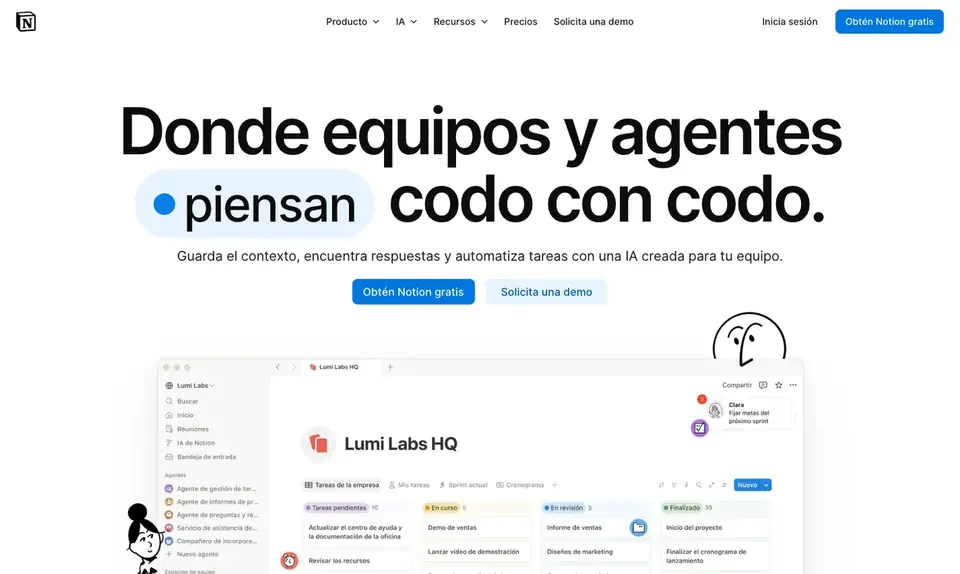 Notion: Portada en español: titular enorme con una palabra en píldora