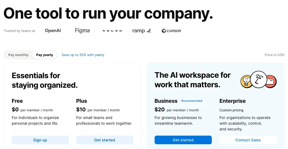 Notion: Precios: el plan recomendado va en azul muy suave
