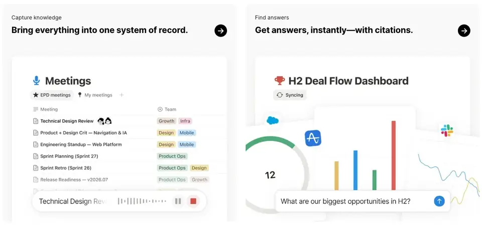 Notion: Tarjetas planas con una frase completa como título