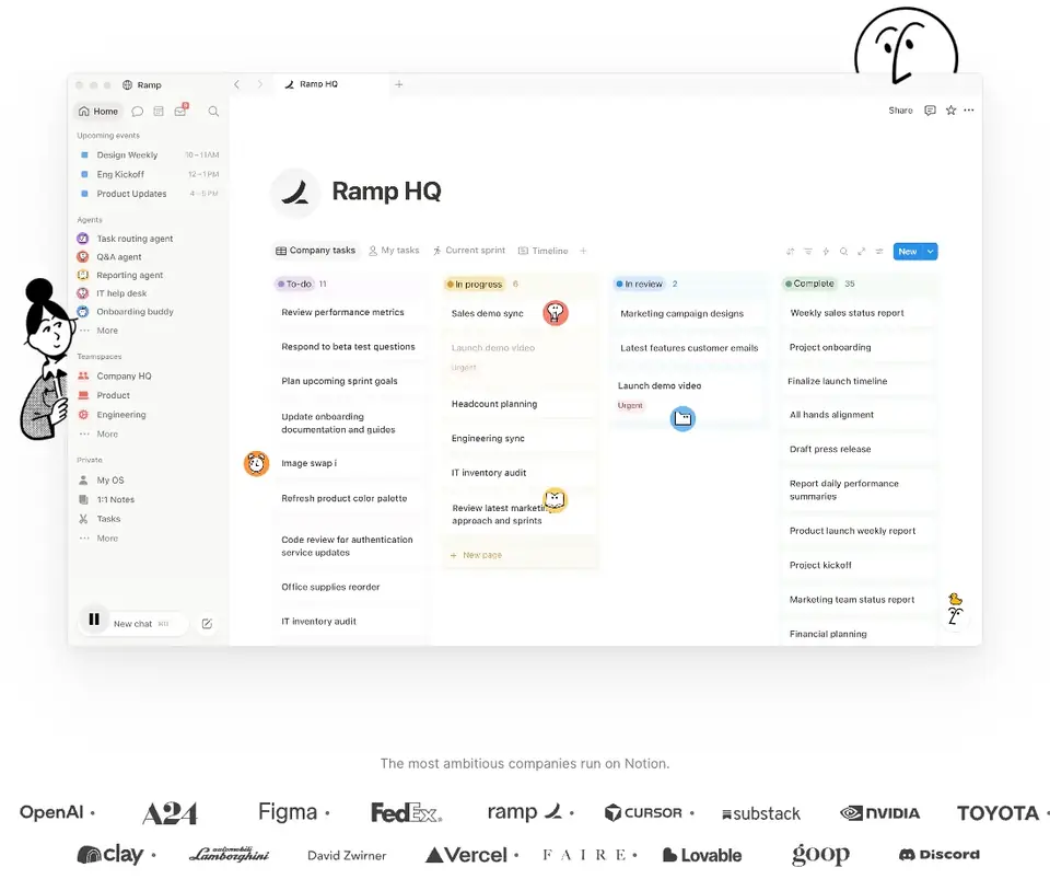 Notion: La ventana del producto, con los personajes asomados por el borde