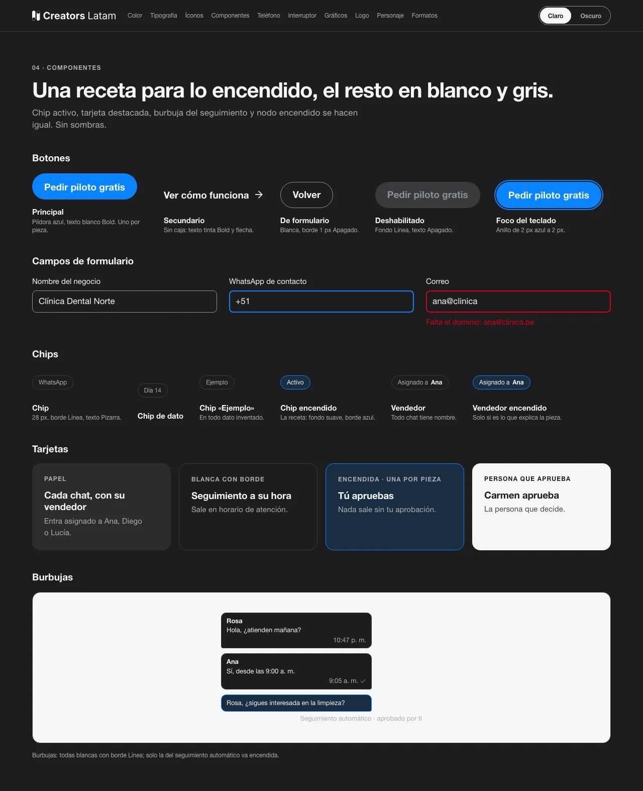 Catálogo del kit: Controles, en oscuro