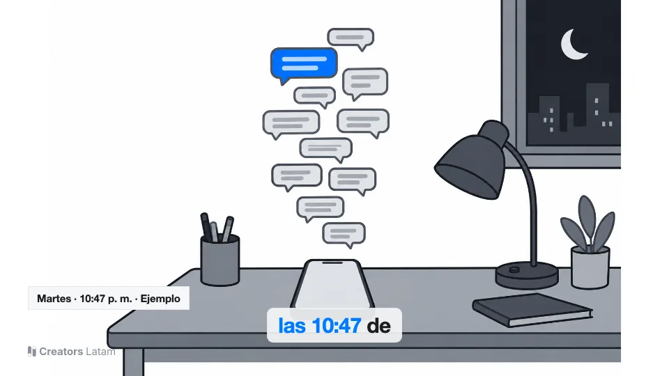 Entra el rótulo con la hora; el subtítulo marca «10:47» en azul