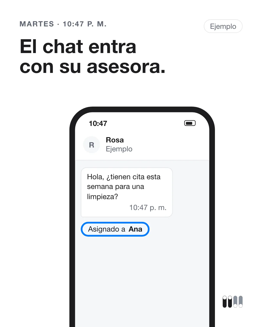 Lámina 2: martes, 10:47 p. m. El chat entra con su asesora. Teléfono con el mensaje de Rosa y la etiqueta «Asignado a Ana».