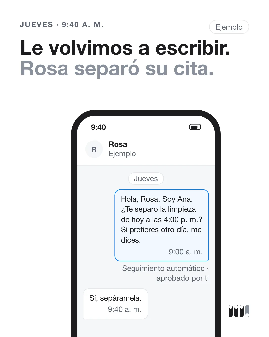 Lámina 3: jueves, 9:40 a. m. «Le volvimos a escribir. Rosa separó su cita.» Teléfono con el seguimiento y la respuesta de Rosa.