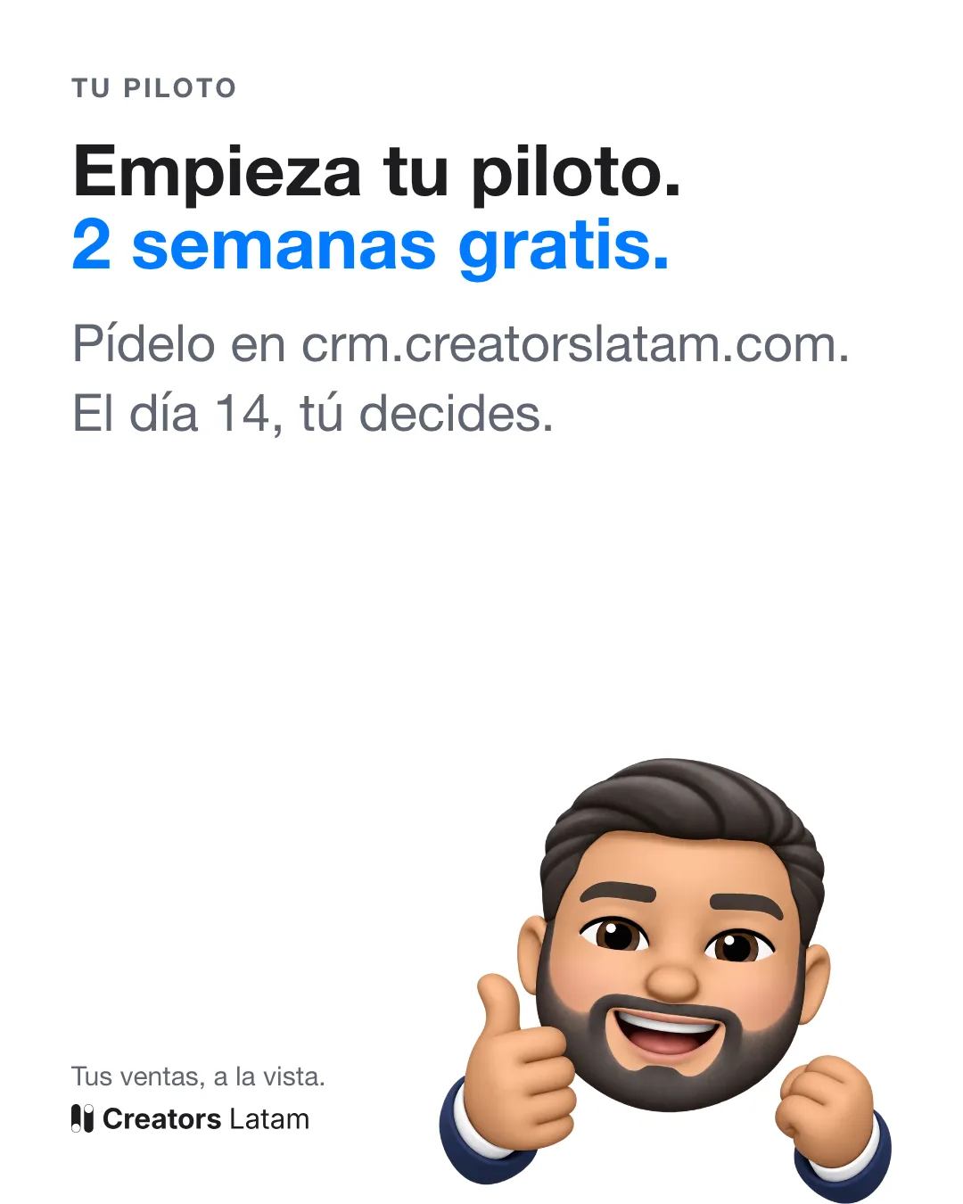 Lámina 4: «Empieza tu piloto. 2 semanas gratis.» con el personaje de Martín y el logo.