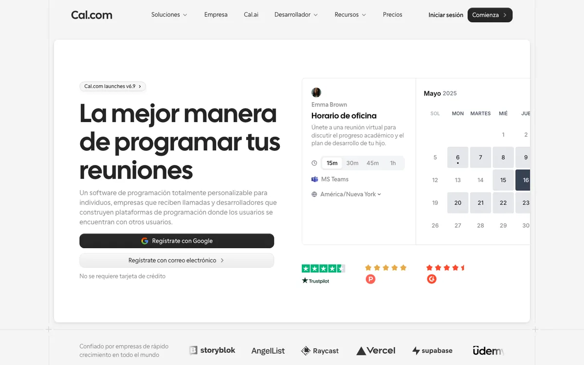 Inicio de Cal.com con la garantía pegada al botón